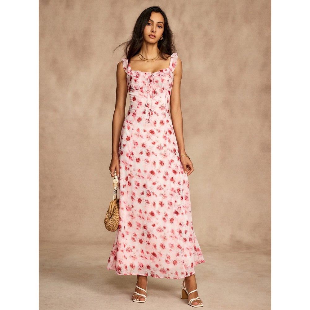 Commense Floral Maxi Dress Open Back Ruffle Tie Cottagecore size XL/12US - Picture 4 of 6